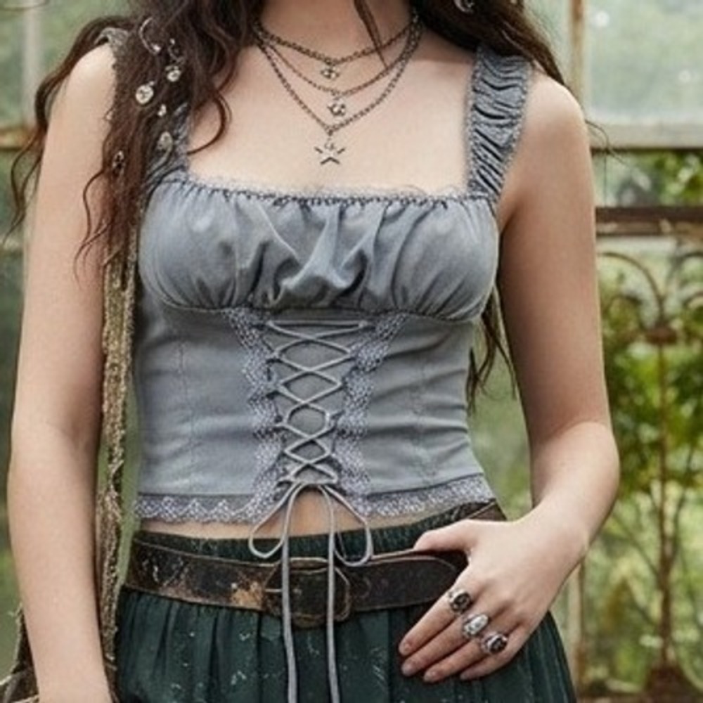 y2k milkmaid Corset Top Lace Up Front Ruched coquette whimsigoth fairy grunge